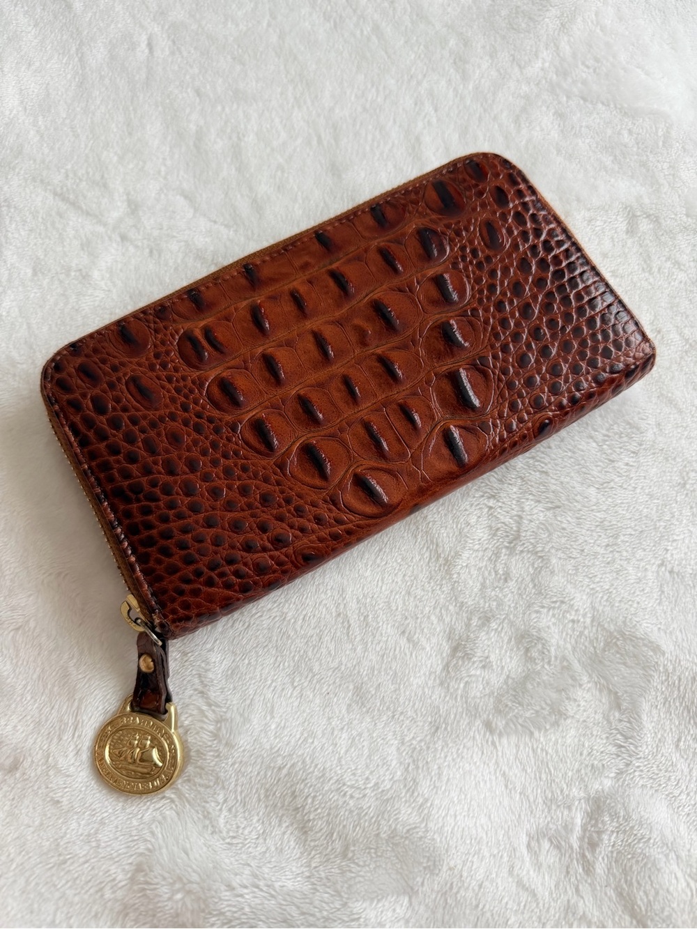 Brahmin Brown Croc-Embossed Wallet with Gold Medallion Charm